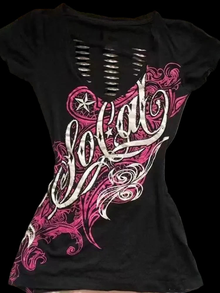 Women Japanese Retro Hollow Out Design Clothing Summer Y2k Tees Punk Slim Short Sleeve T-shirt Gothic Harajuku Zipper Tops New