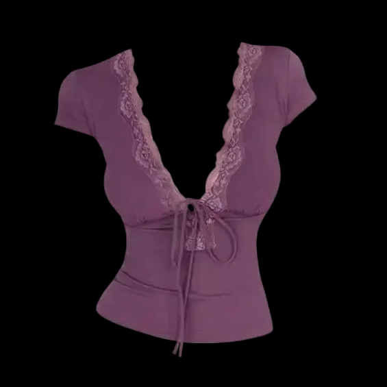 Women Short Sleeve Deep V Neck Crop Tops Lace