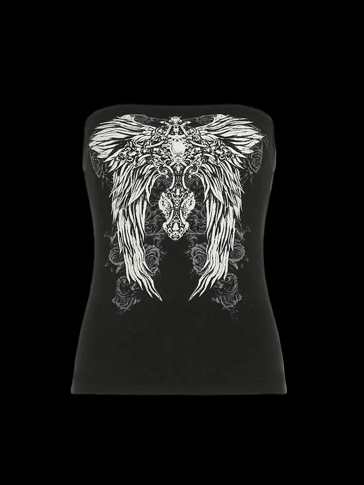 Gothic Print Black Strapless Tube Top