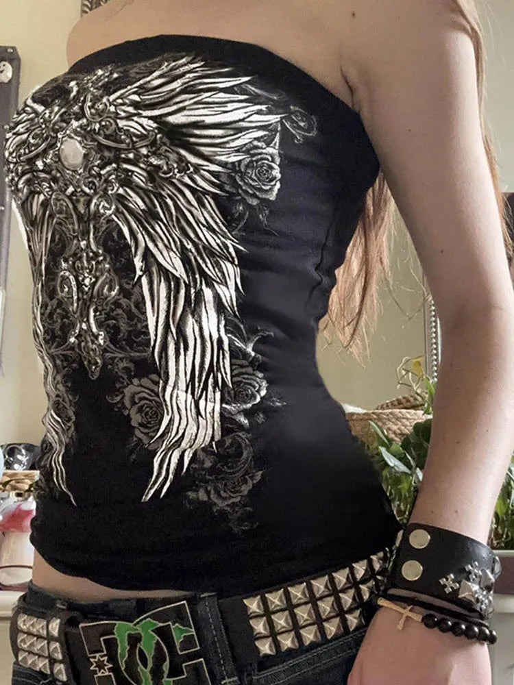 Gothic Print Black Strapless Tube Top