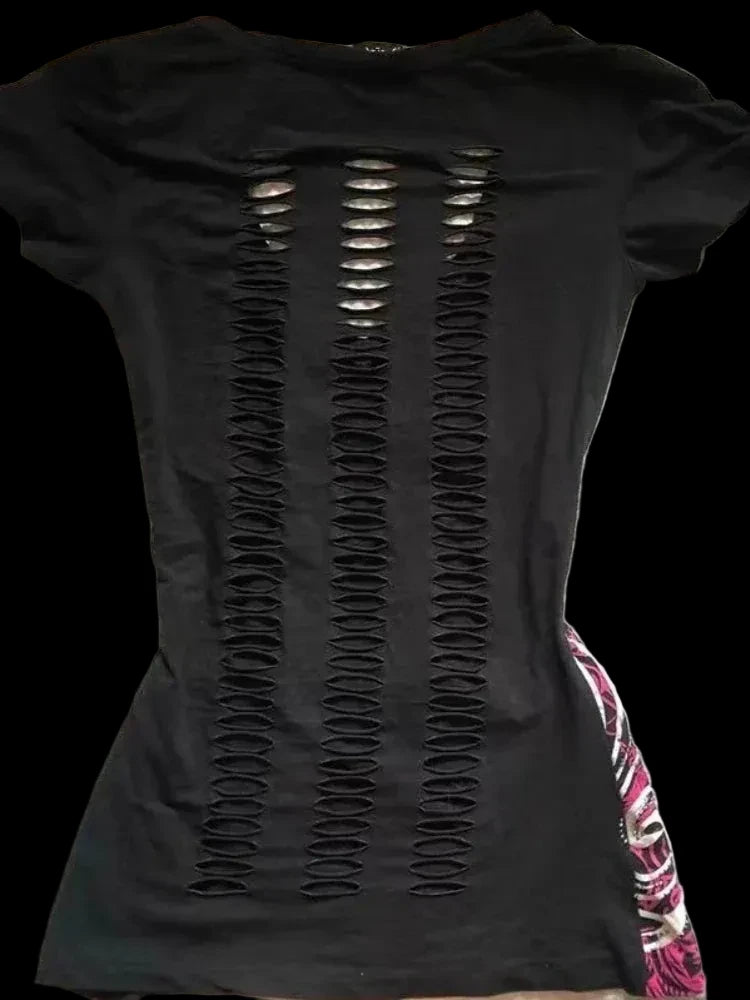 Women Japanese Retro Hollow Out Design Clothing Summer Y2k Tees Punk Slim Short Sleeve T-shirt Gothic Harajuku Zipper Tops New