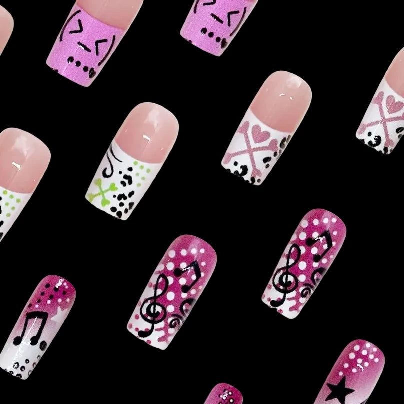 Musical Note Star Pattern Long Coffin Press on Nails