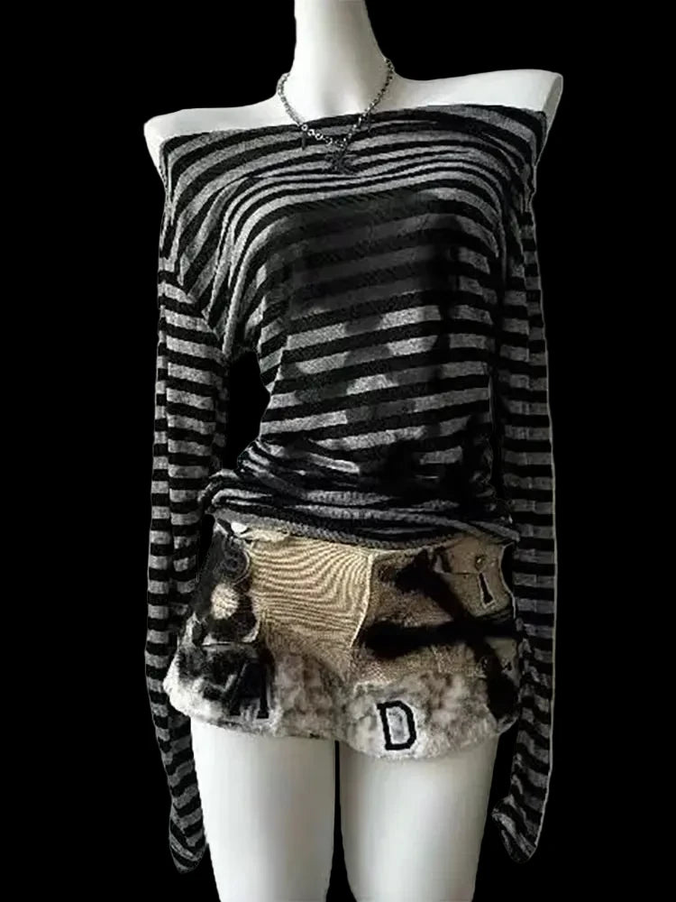 Skull Stripe T-shirt Women Off shoulder Top