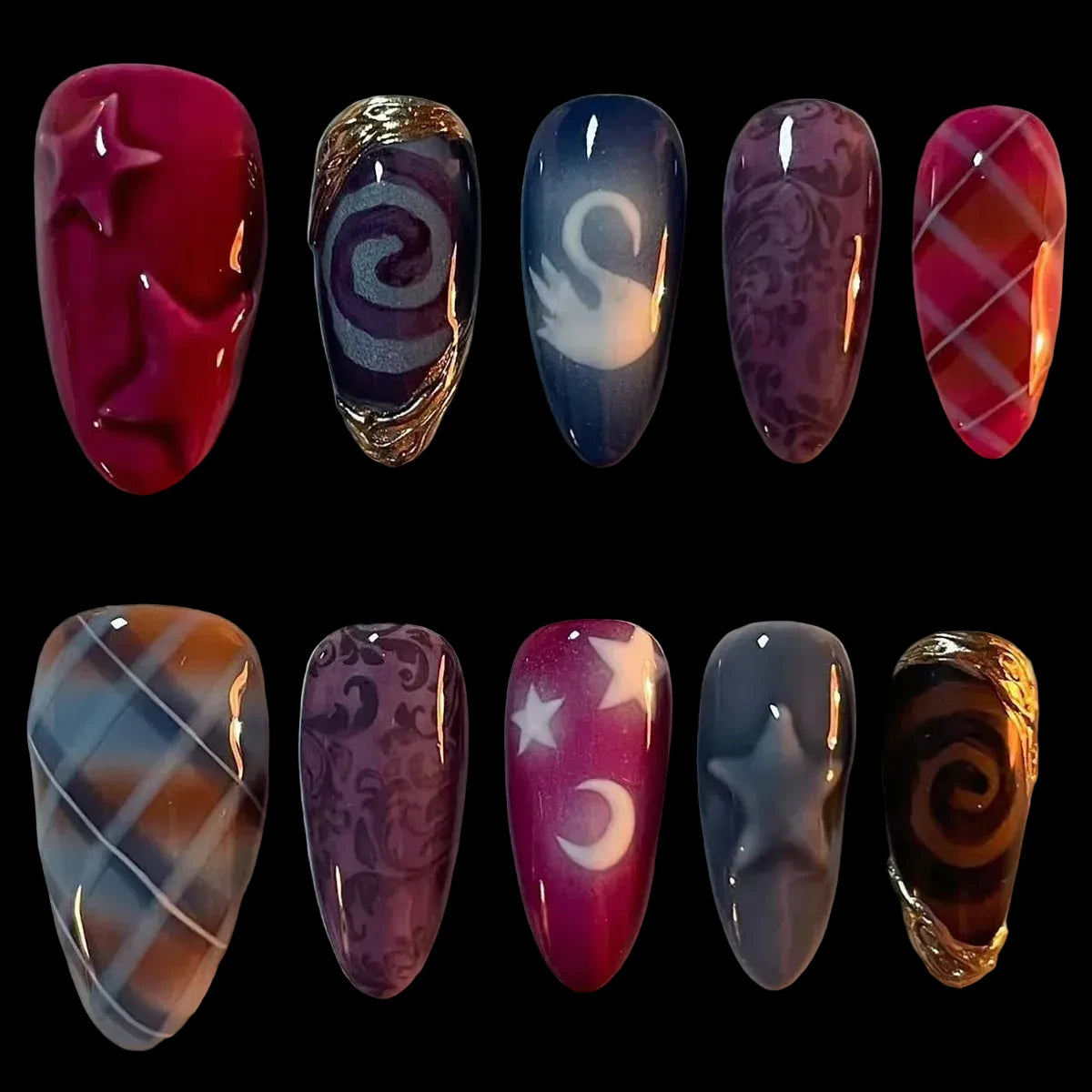 Moon Star Style Swan Pattern Press On Nails