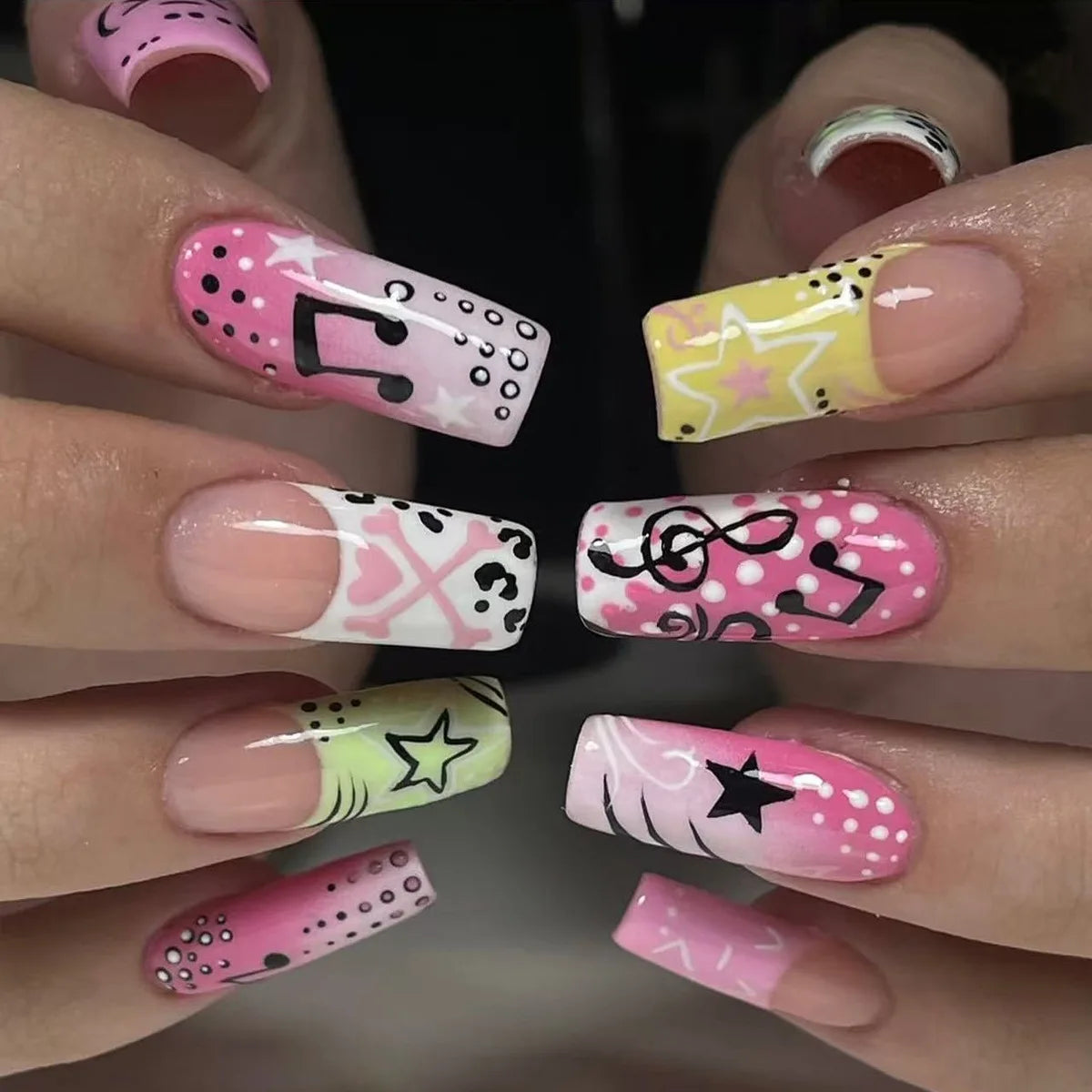 Musical Note Star Pattern Long Coffin Press on Nails