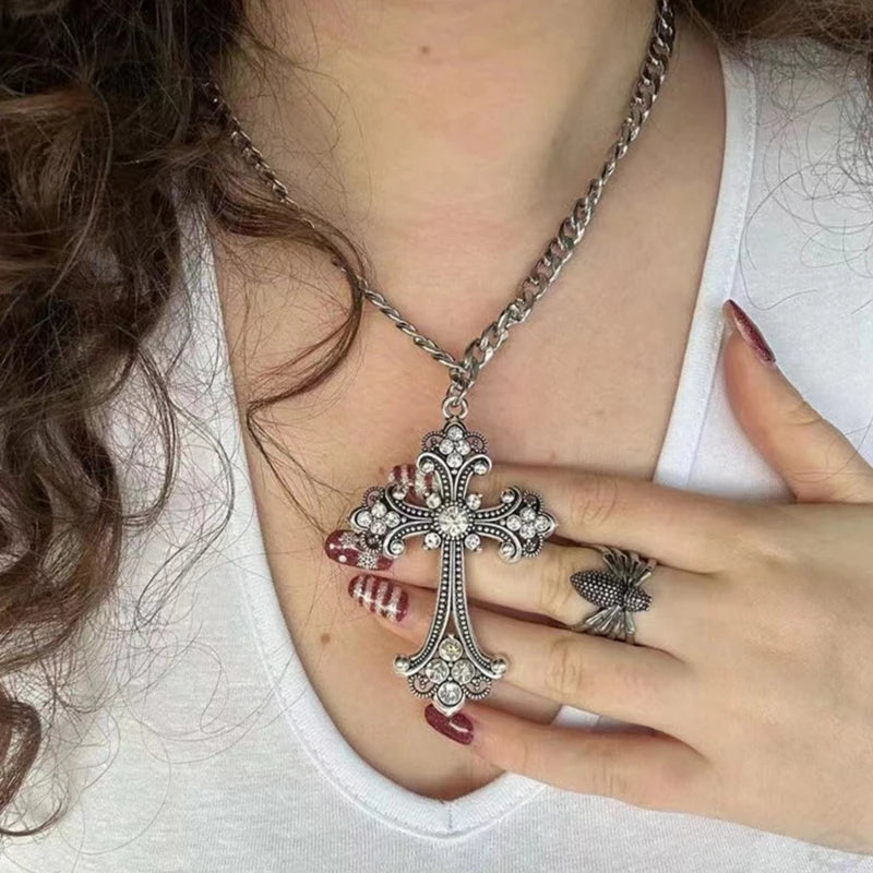 Large Detailed Cross Drill Pendant Necklace