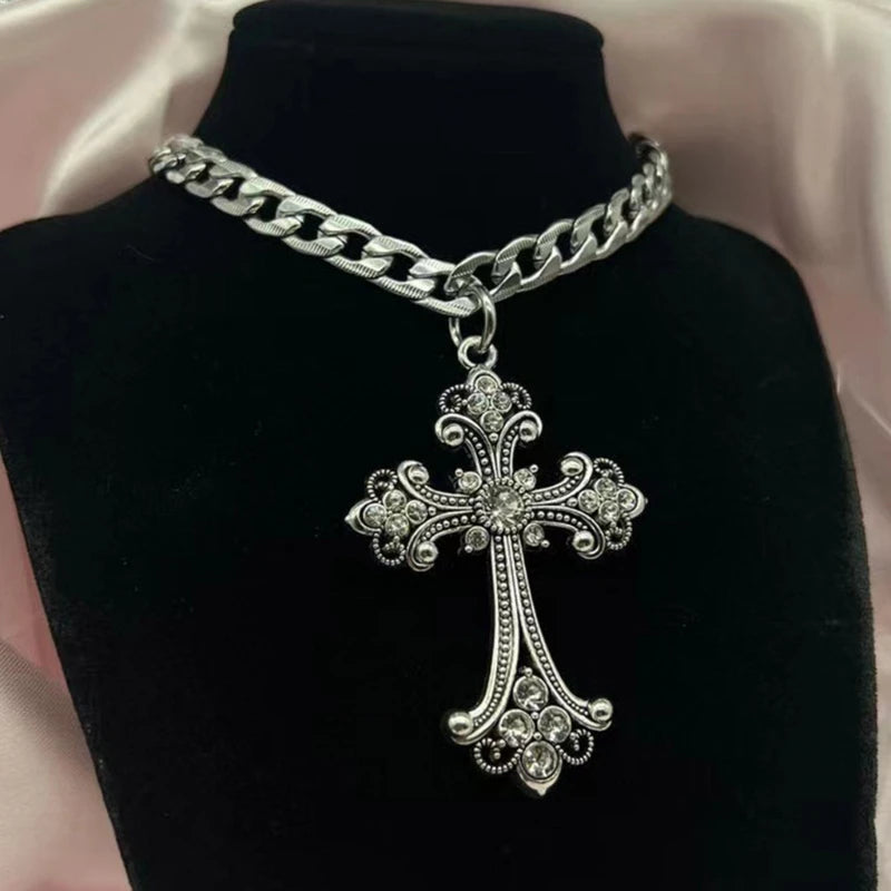 Large Detailed Cross Drill Pendant Necklace