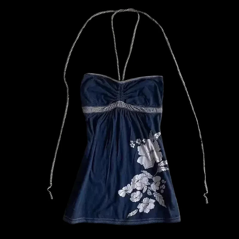 Summer new floral print solid color neck tie, slim fit and strapless style fashionable top for women