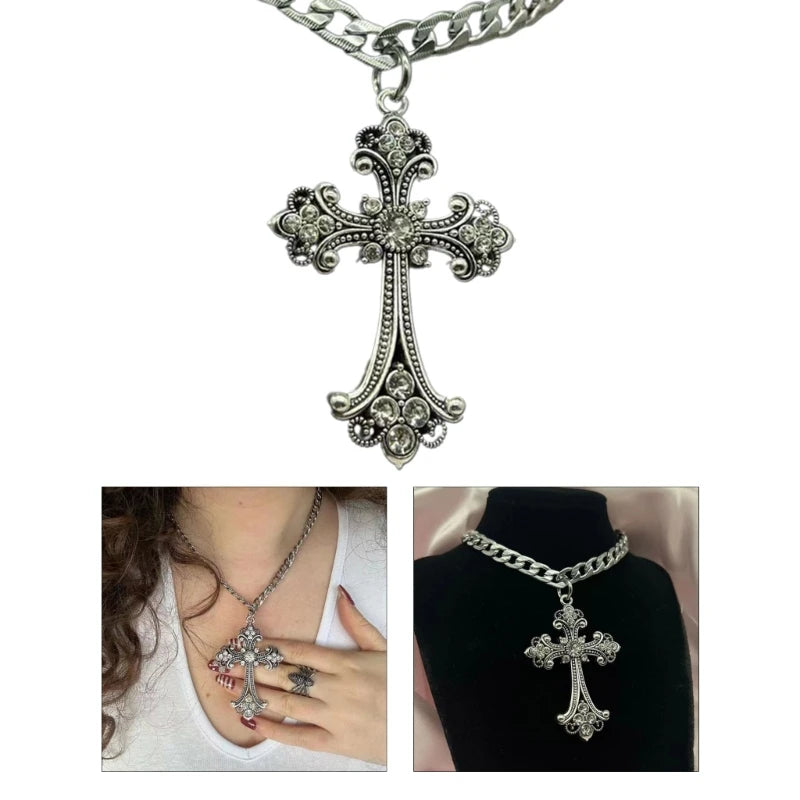 Large Detailed Cross Drill Pendant Necklace