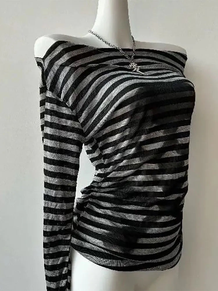 Skull Stripe T-shirt Women Off shoulder Top