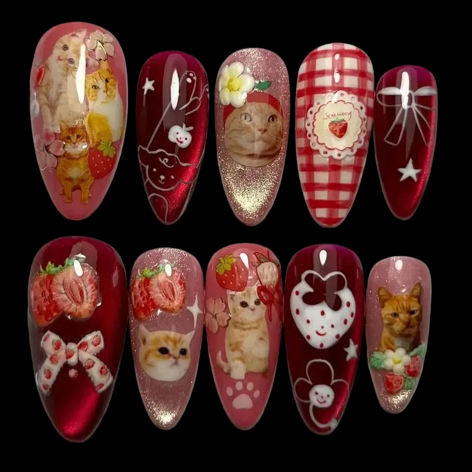 24pcs Strawberry Cat Press On Nailss