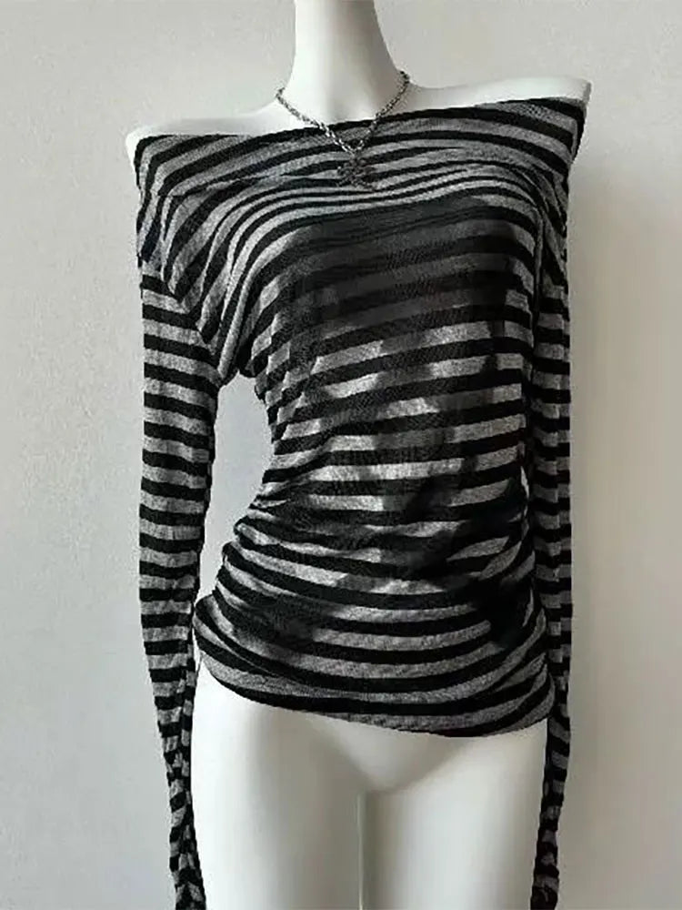Skull Stripe T-shirt Women Off shoulder Top
