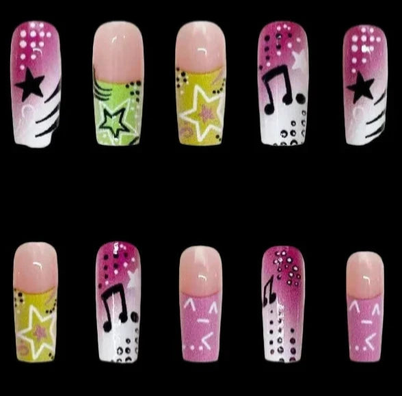 Musical Note Star Pattern Long Coffin Press on Nails