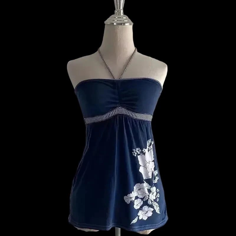 Summer new floral print solid color neck tie, slim fit and strapless style fashionable top for women