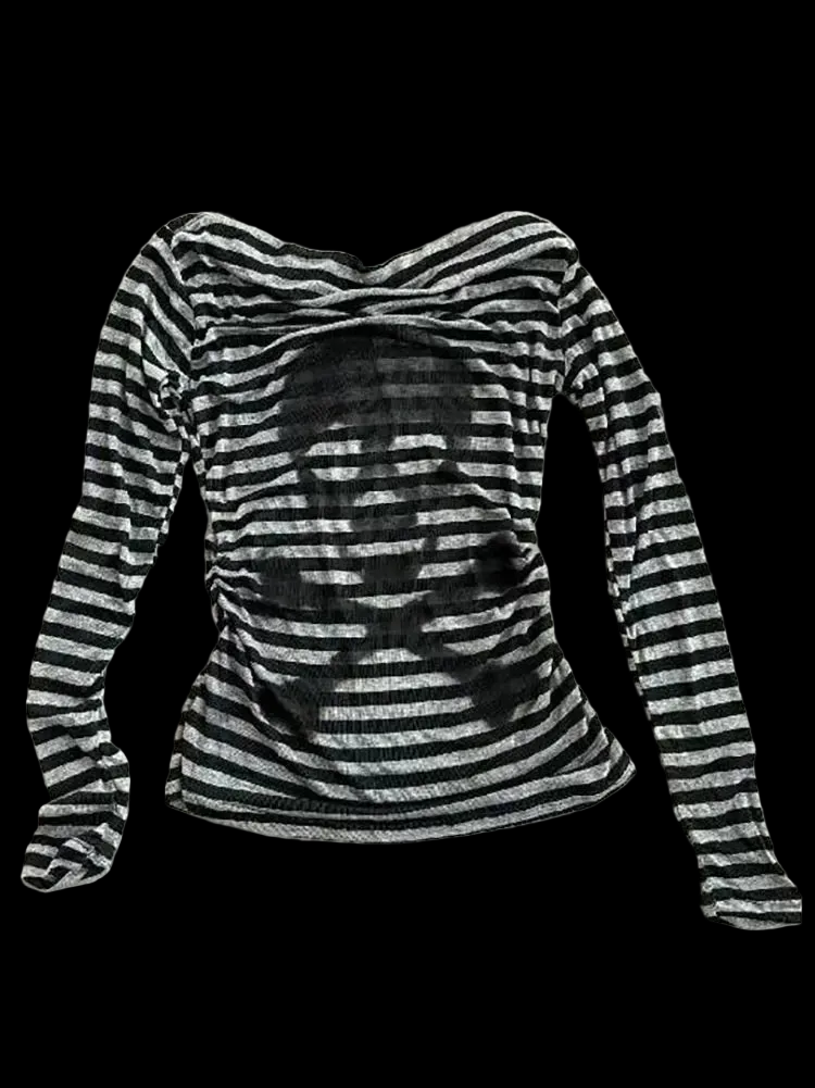 Skull Stripe T-shirt Women Off shoulder Top