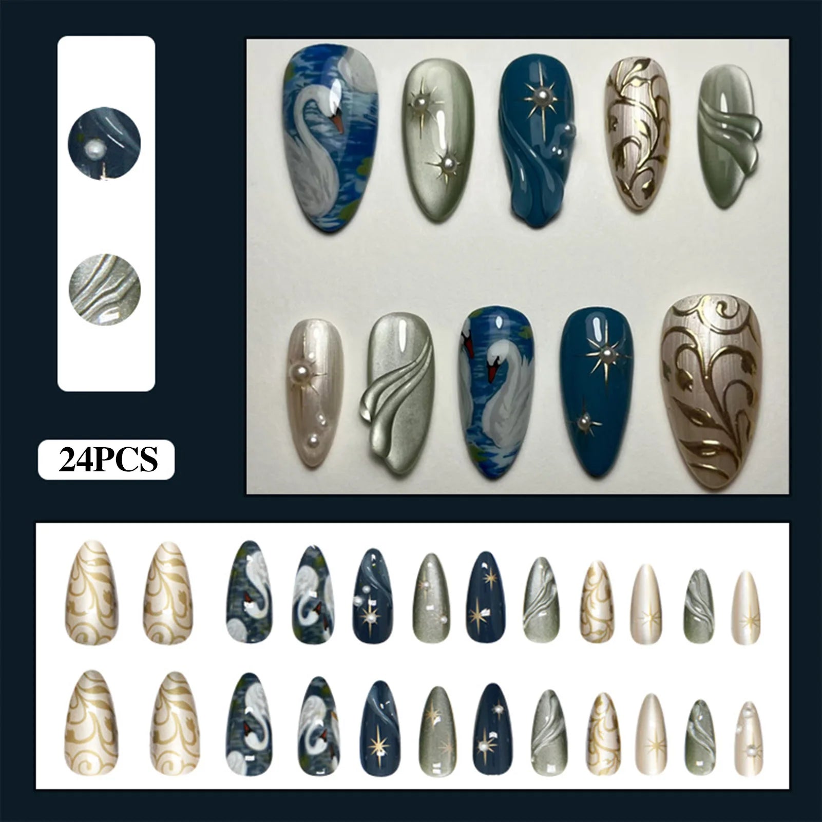 Moon Star Style Swan Pattern Press On Nails